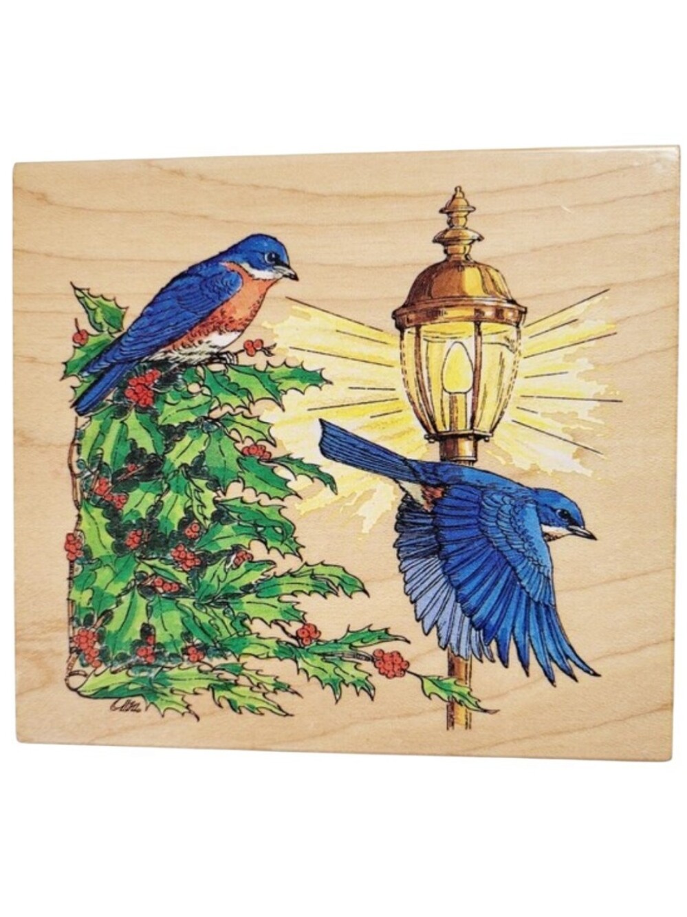 Vintage 1998 Michaelsen Bluebirds & Holly 300-14 Rubber Stamp